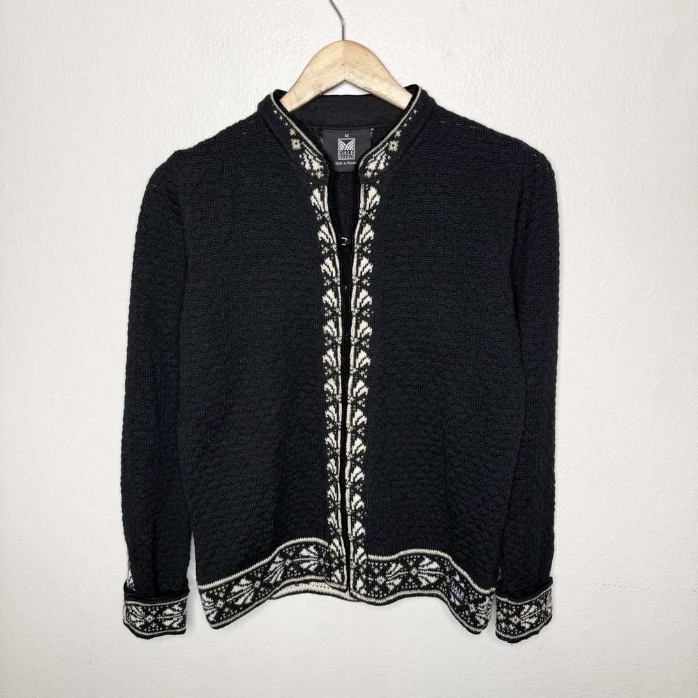 Dale Of Norway Black White Norwegian Merino Wool Cardigan Sweater Womens Medium - Picture 1 of 14